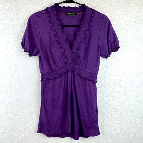 BCBGMaxazria Womens Ruffle Trim V-Neck Short Sleeve Pullover Blouse Purple Small - Picture 1 of 5